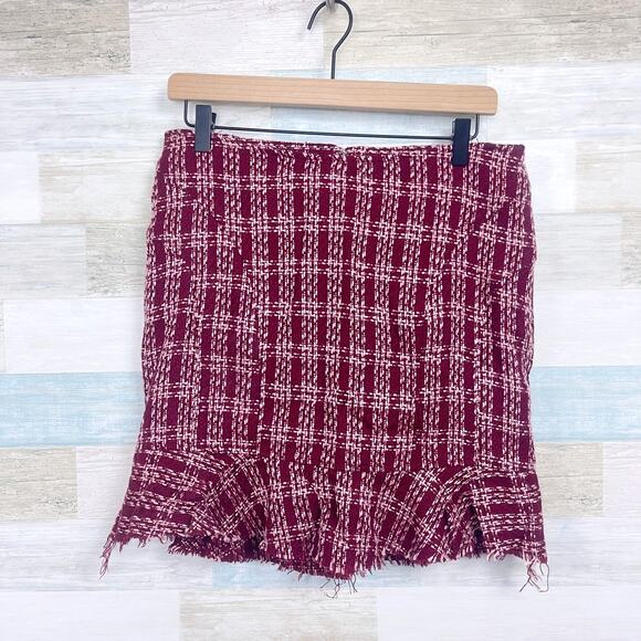 GUESS Vintage 90s Tweed Fringe Trumpet Skirt Red Pink Plaid Clueless Womens 28 - Picture 1 of 5